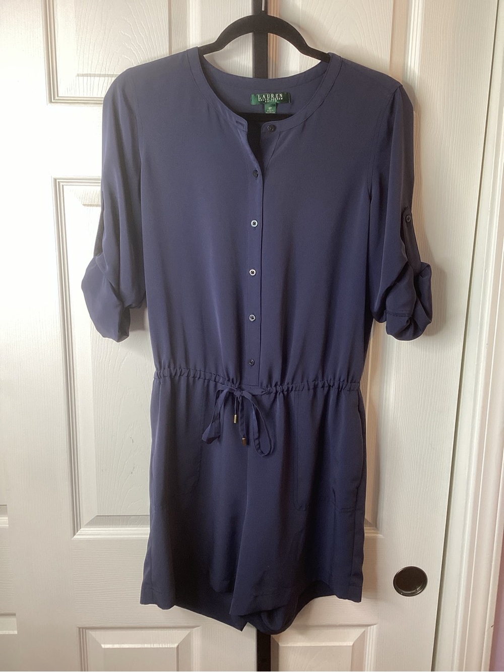 Lauren Ralph Lauren Navy Button-Front Drawstring Romper, size 8P